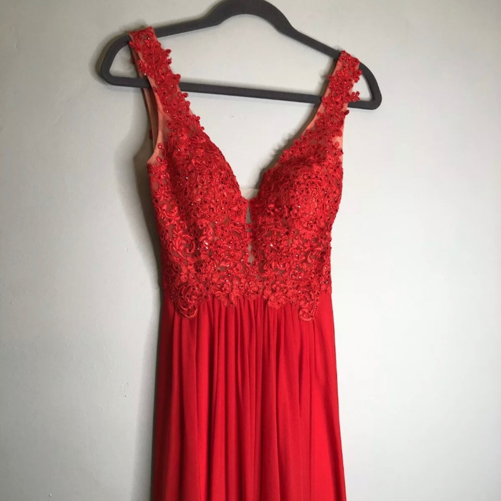 Sherri Hill Dress Red Cocktail Prom Crystals Mesh Floral Accents